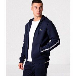Lacoste Classic Full Zip Hoodie Fit Lines Navy Blue White Size Med